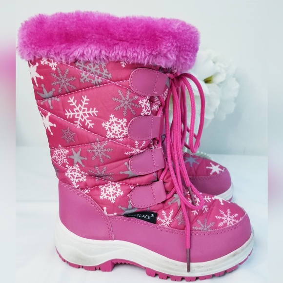 Toddler Girl's Pink Snowflakes Print  Lace Up Zippered Winter Snow Boots - Picture 5 of 12